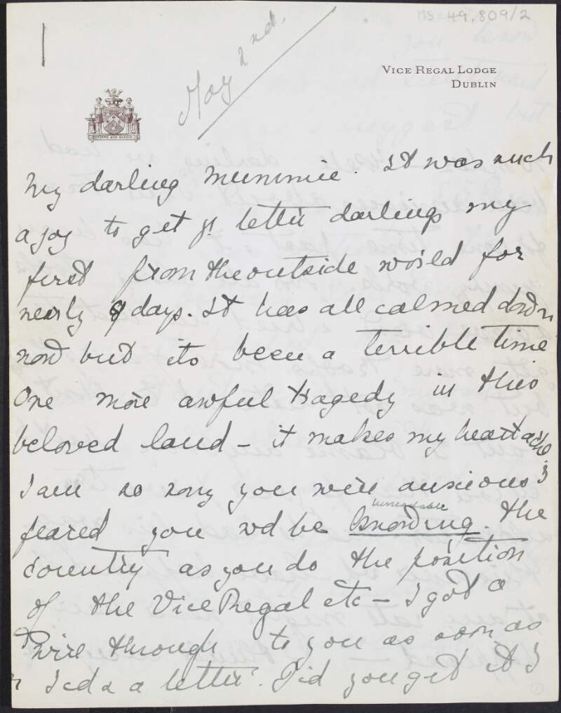 Letter from Lady Alice Wimborne to her mother Baroness Ebury, giving an account of the Easter Rising in Dublin, and its aftermath,