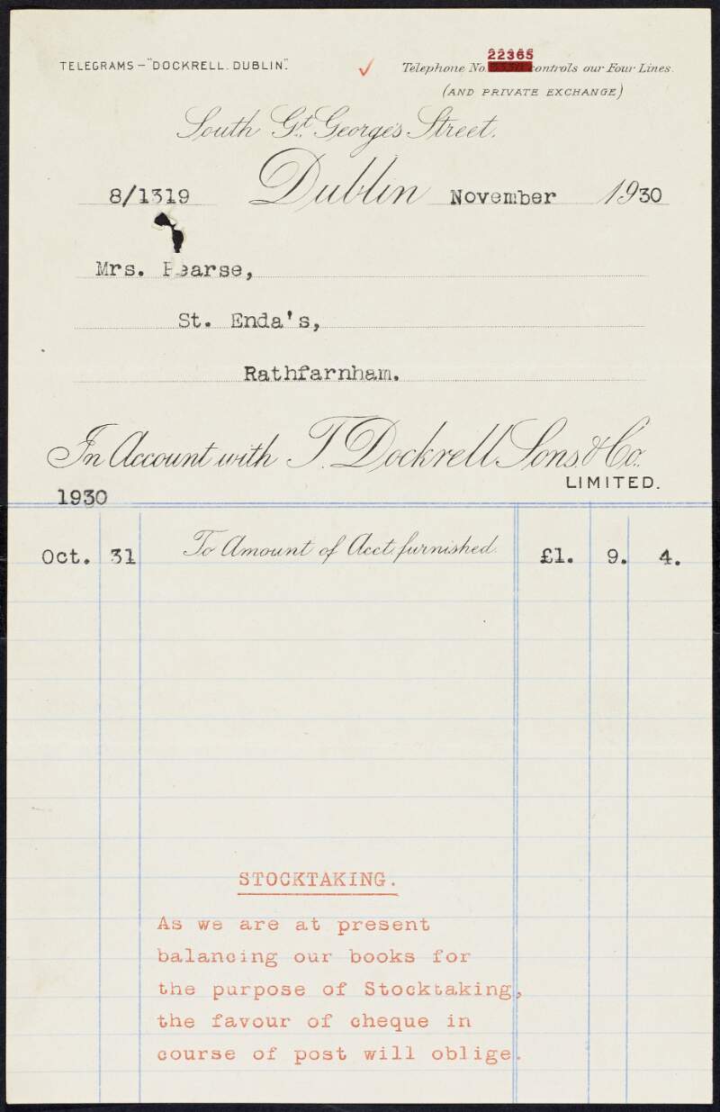 Invoice from Thomas Dockrell, Sons & Co., to Margaret Pearse to the amount of £1-9-4,