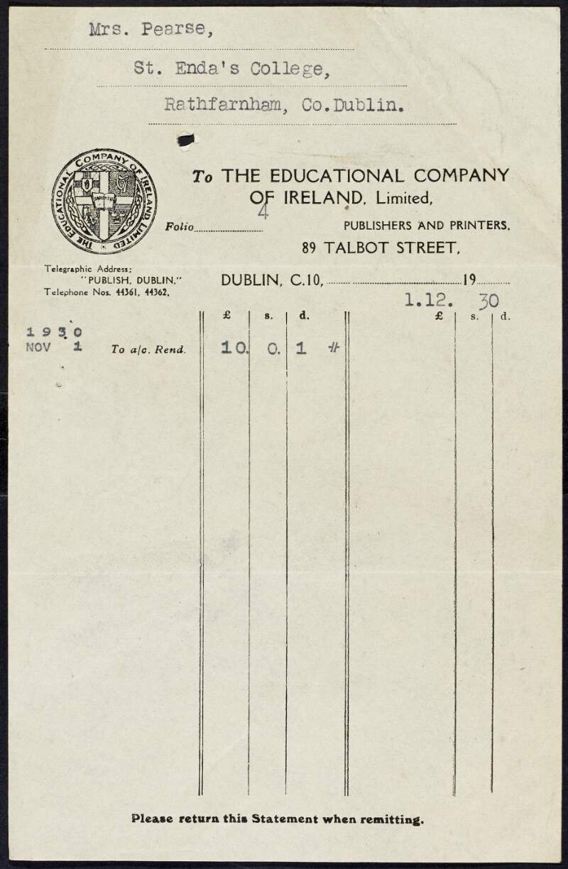 Invoice from the Educational Company of Ireland to Margaret Pearse to the amount of £10-0-1,