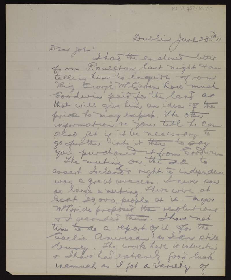 Letter from Patrick McCartan to Joseph McGarrity regarding a meeting to assert Ireland's right to independence which was attended by "at least 20,000 people",