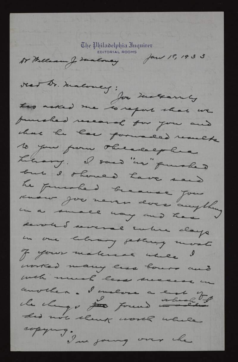 Letter from E. J. O'Keeffe to Dr. William Maloney regarding his time spent with Joseph McGarrity researching Roger Casement,