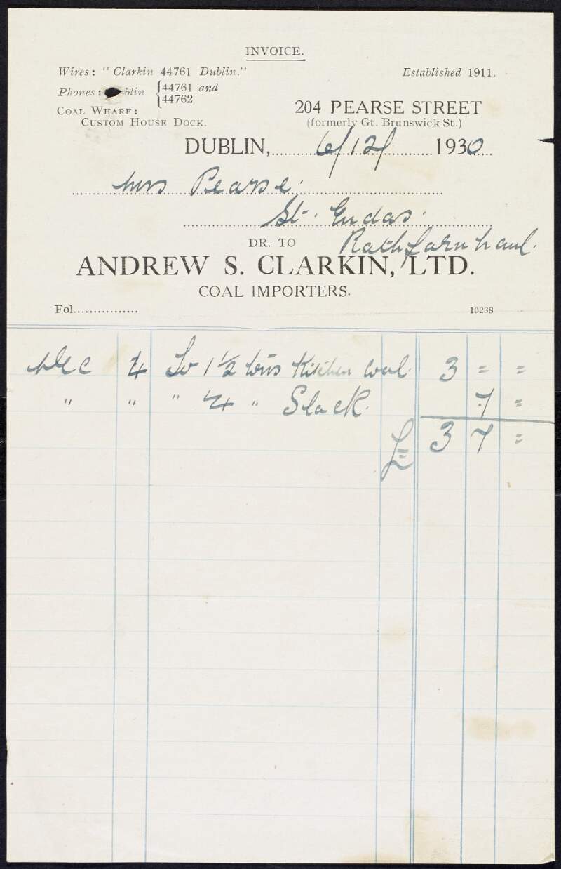 Invoice from Andrew S. Clarkin, coal importers, to Margaret Pearse to the amount of £3-7-0,