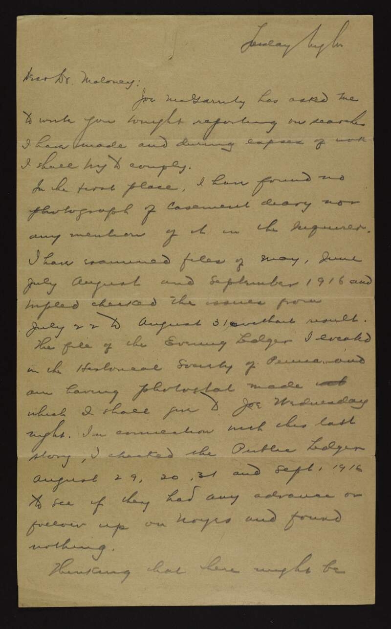 Letter from E. J. O'Keeffe to Dr. William Maloney regarding his research findings on Roger Casement's 'Black Diaries',