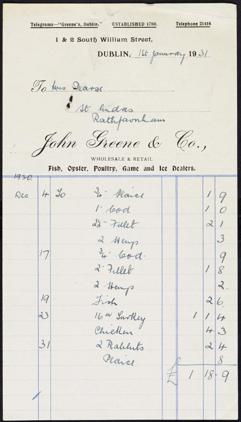 Invoice from John Greene & Co., butchers, to Margaret Pearse to the amount of £1-18-9,