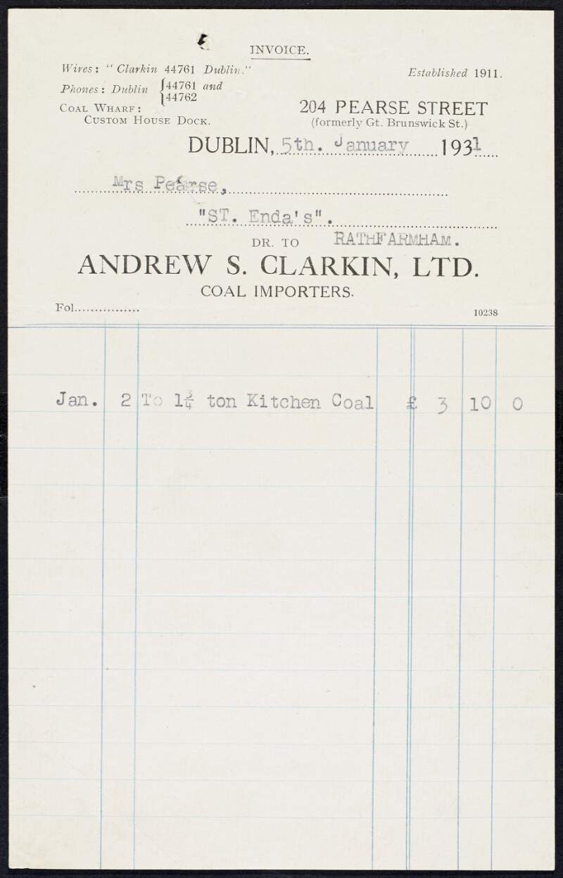 Invoice from Andrew S. Clarkin, coal importers, to Margaret Pearse to the amount of £3-10-0,