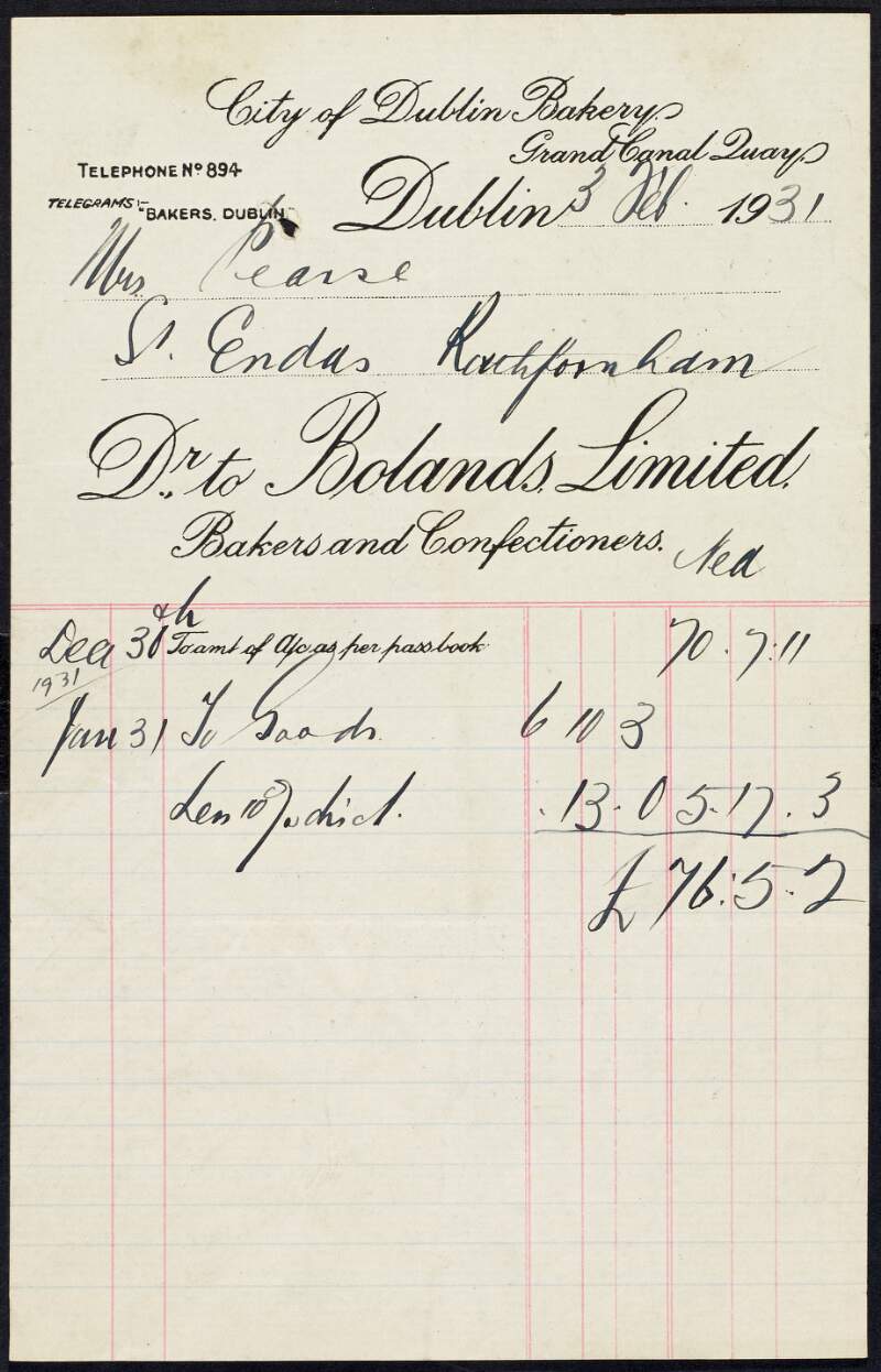Invoice from Bolands Limited to Margaret Pearse to the amount of £76-5-2,