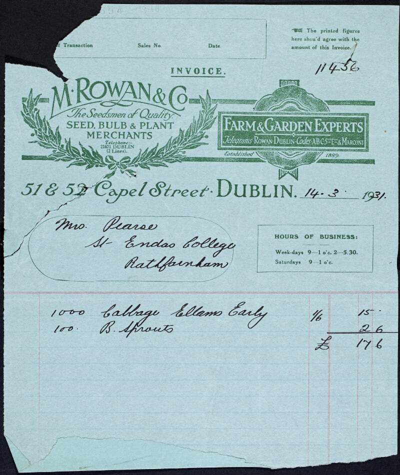 Invoice from M. Rowan & Co, farm and garden experts, to Margaret Pearse to the amount of £0-17-6,