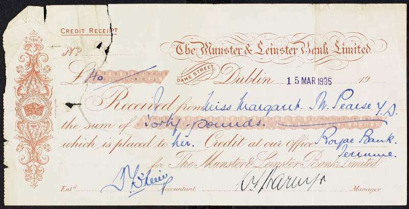 Munster and Leinster Bank deposit slip stating £40-0-0 was deposited by Margaret Pearse,