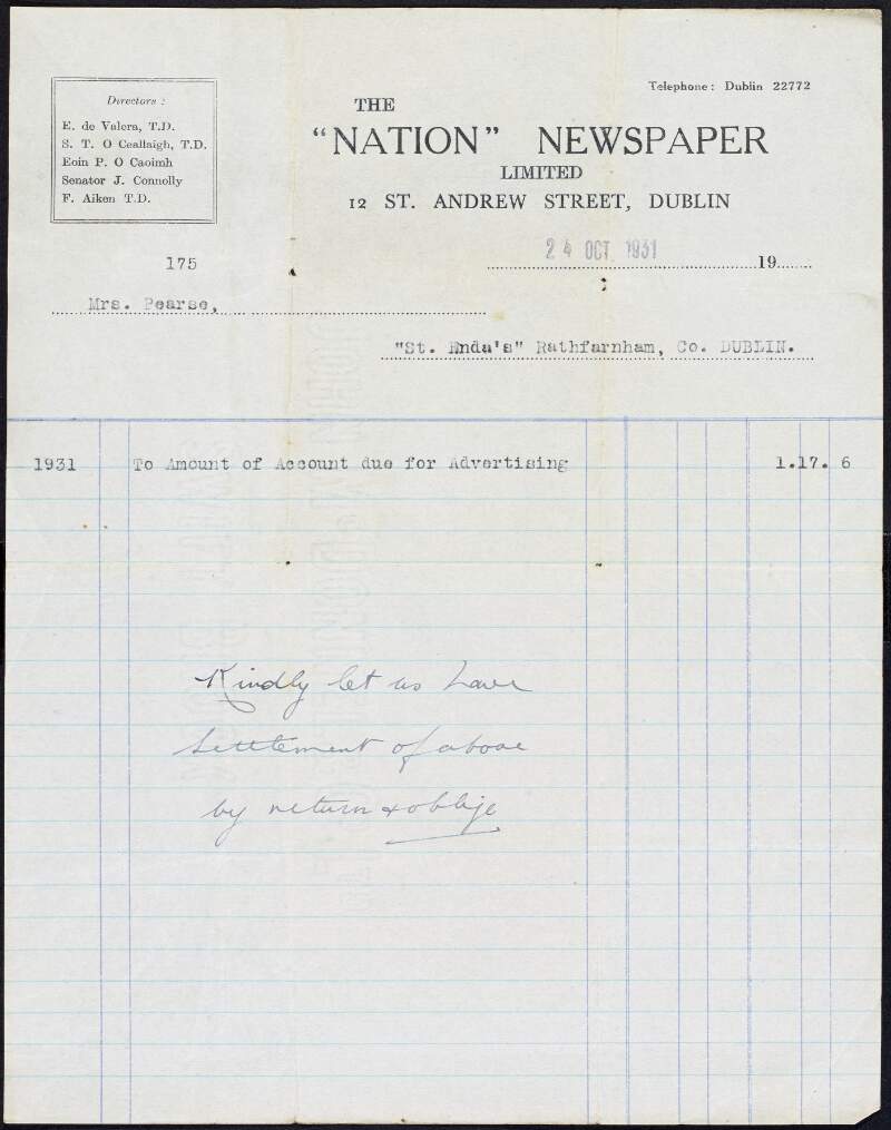 Invoice from The Nation Newspaper to Margaret Pearse to the amount of £1-17-6,