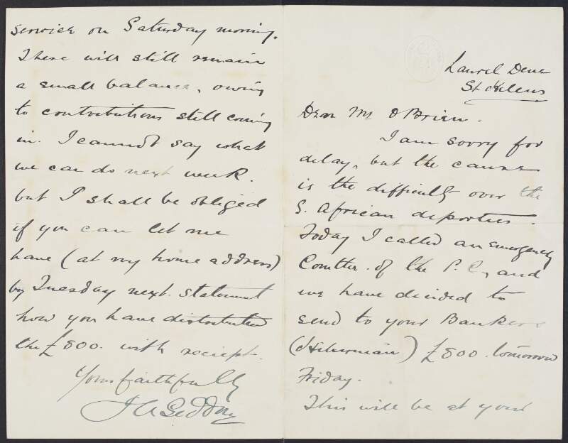 Letter from J.A. Seddon, Laurel Dene, St. Helen's, London to William O'Brien regarding a contribution of £800 from the British Trades Union Congress to the Dublin Trades Council to aid in the provision of lockout pay,
