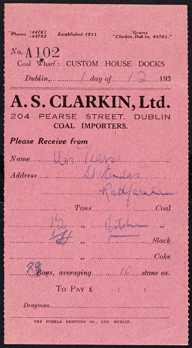 Receipt of delivery of half a ton of coal from Andrew S. Clarkin, coal importers, to Margaret Pearse,