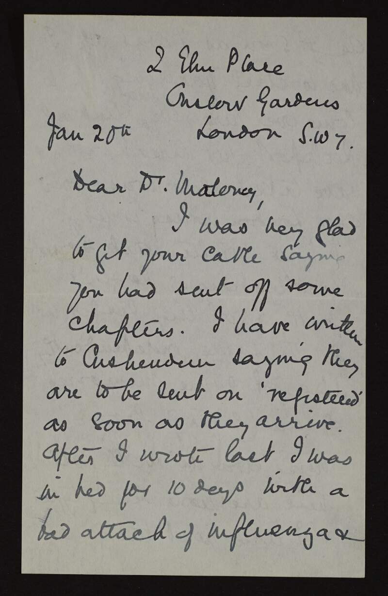 Letter from Una Parry [Gertrude Bannister] to Dr. William Maloney informing him that she has got her sister and Ada McNeill typing out their memories of Roger Casement and she will send them on to him once they are complete,