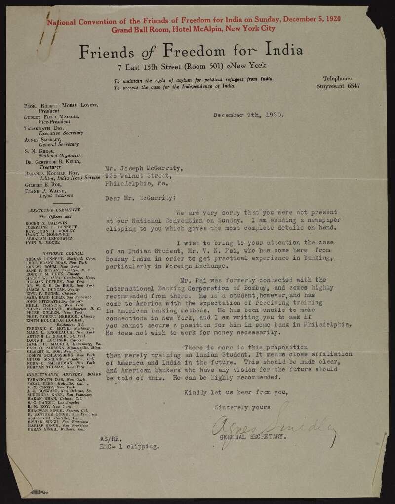 Letter from Agnes Smedley to Joseph McGarrity asking him if he could secure a position in banking for a student from Bombay, "Mr. V. N. Pai",