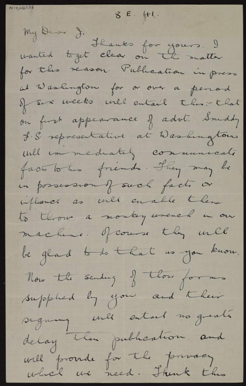 Letter from Seán Moylan to Joseph McGarrity, discussing publishing in the US and the potential conflicts with the Free State representatives also in the US,
