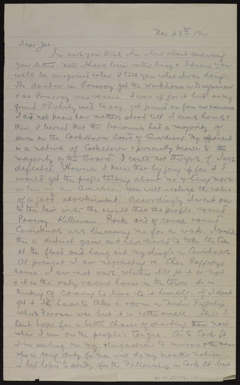 Letter from Patrick McCartan to Joseph McGarrity stating that "things are pretty rotten politically",