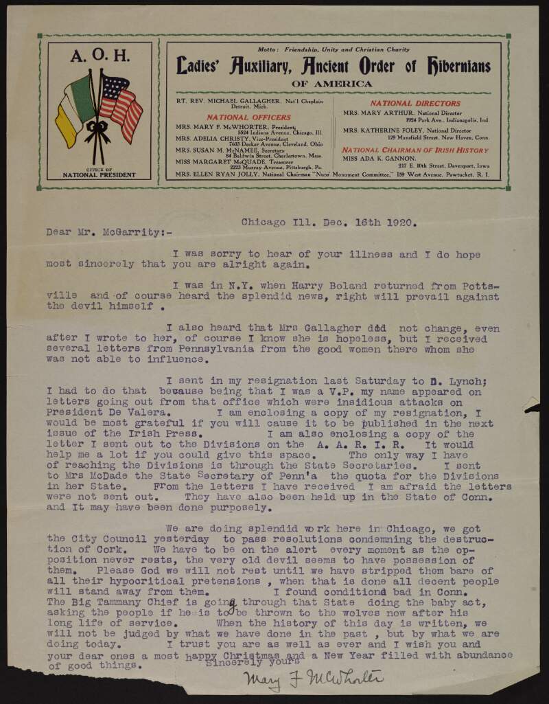 Letter from Mary F. McWhorter to Joseph McGarrity regarding her resignation letter she sent to Diarmuid Lynch to seperate herself from attacks on Éamon De Valera, resolutions in Chicago condemning the destruction of Cork, and Harry Boland's return from Pottsville,