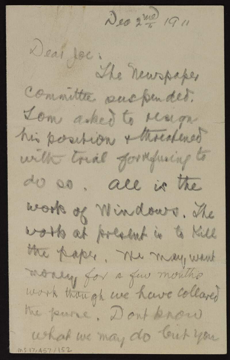 Letter from Patrick McCartan to Joseph McGarrity regarding the tensions in the newspaper committee sparked by "Windows",