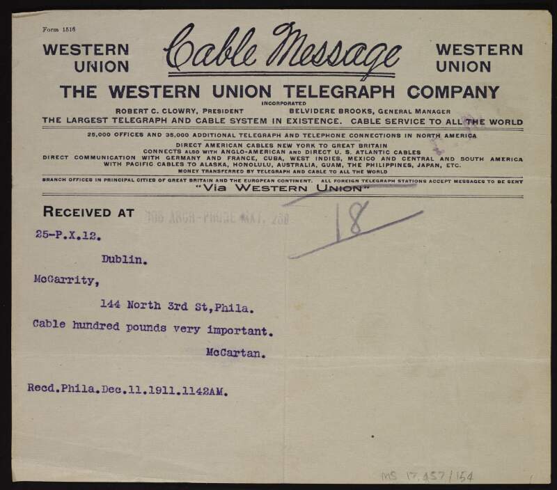 Telegram from Patrick McCartan to Joseph McGarrity requesting him to "cable hundred pounds very important",