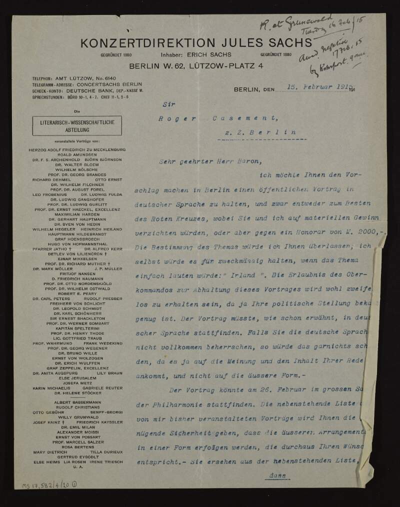 Letter from Jules Sachs to Roger Casement written from Berlin and is in German,