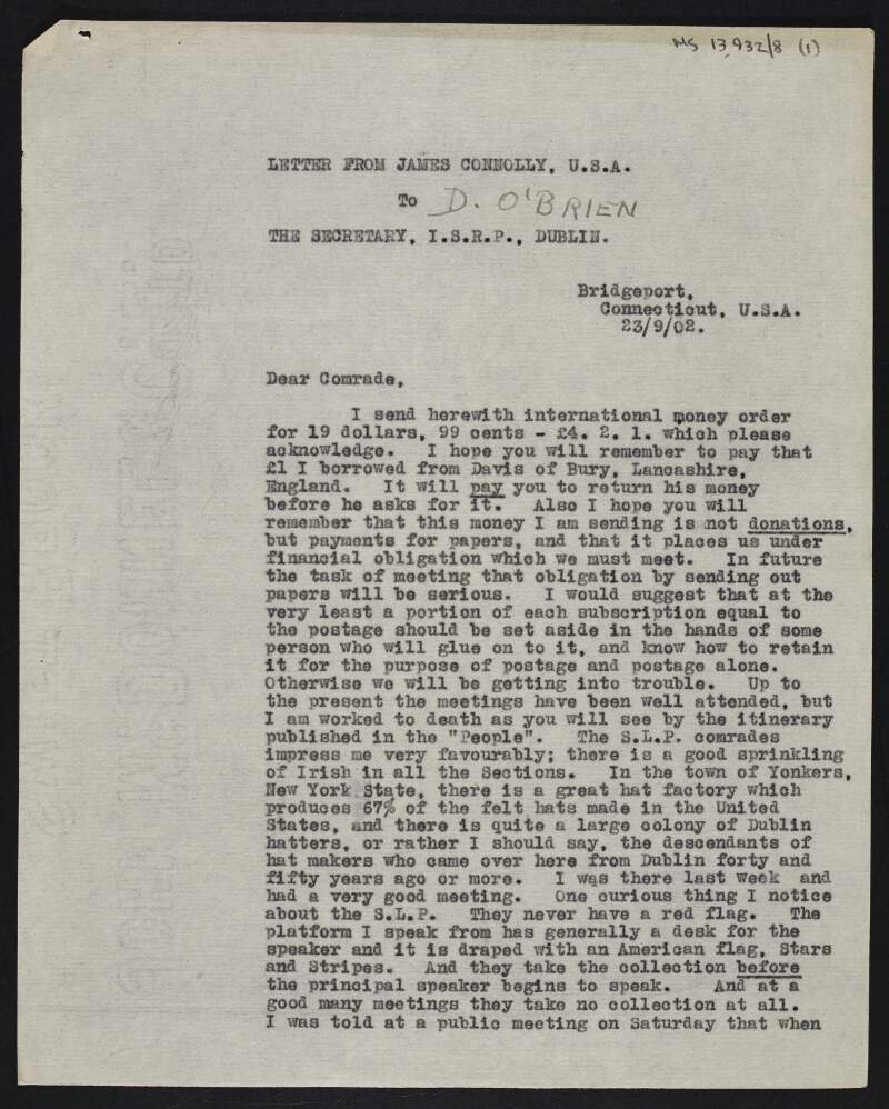Copy of letter from James Connolly to Daniel O'Brien giving details about his tour of the United States,