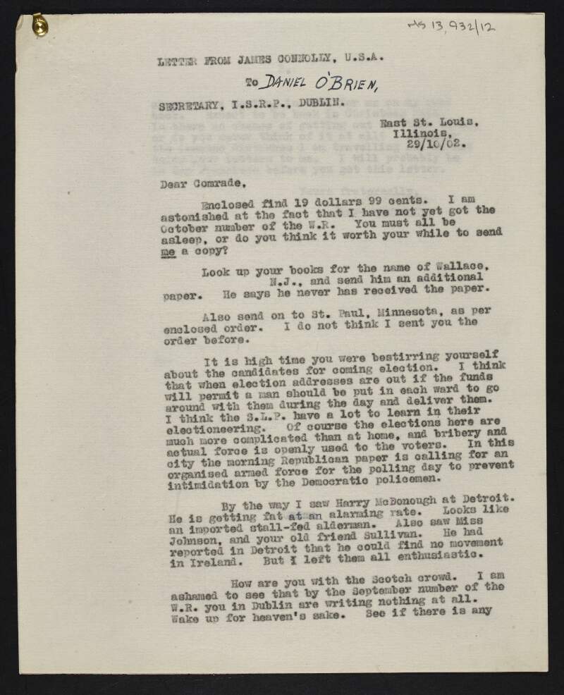 Copy of letter from James Connolly to Daniel O'Brien about the 'Workers' Republic' and election work in Dublin,