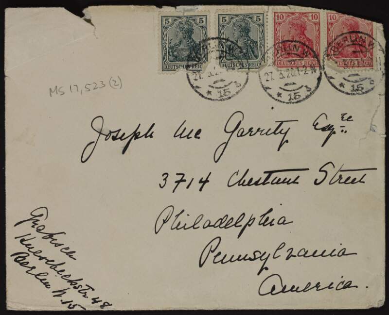 Letter from Agatha M. Bullitt Grabisch to Joseph McGrrity regarding McGarrity's inqueries into the 'Aud', thanking McGarrity for copies of 'The Irish Press' and discussing Sir Roger Casment's exposure of atrocities in the Belgian Congo,