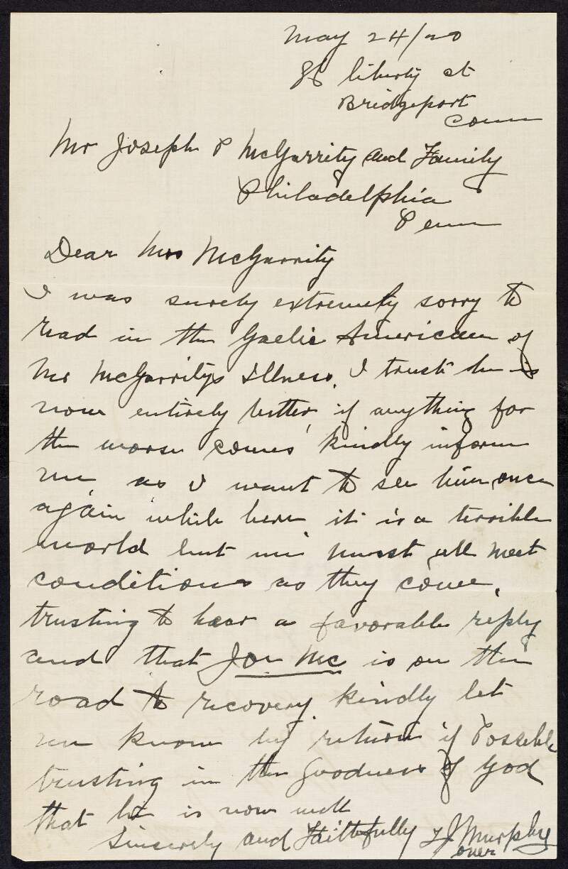 Letter from T. J. Murphy to Kathryn McGarrity asking after her husband Joseph's health, and that he would like to see him when he is better