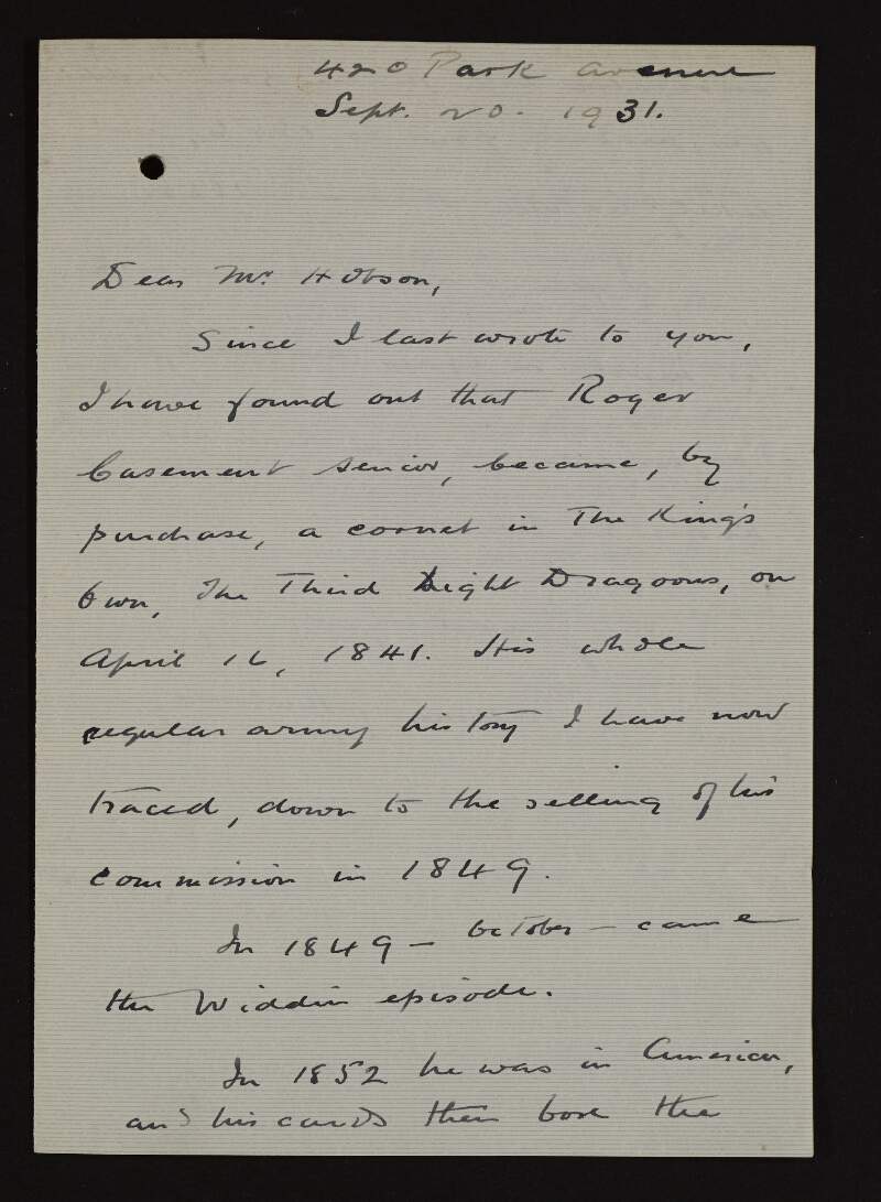 Letter from Dr. William J. Maloney to Bulmer Hobson regarding Roger Casement's father,