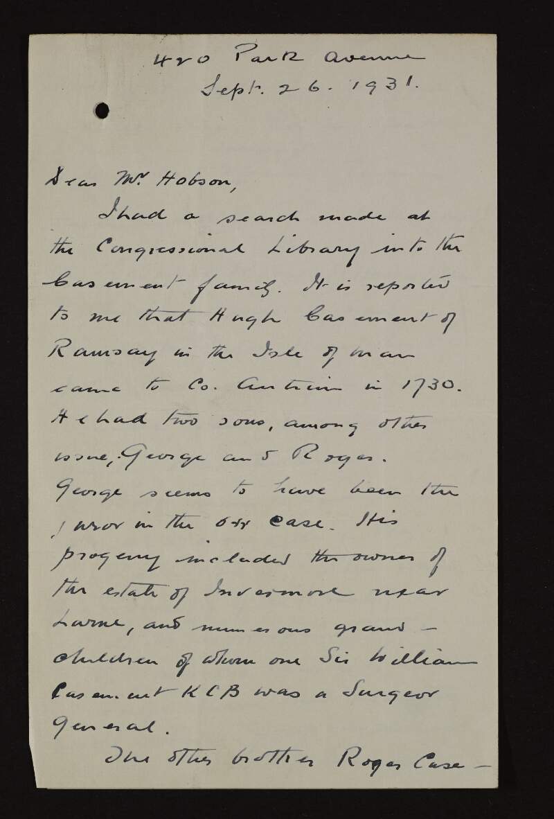 Letter from Dr. William J. Maloney to Bulmer Hobson regarding Roger Casement's family tree,
