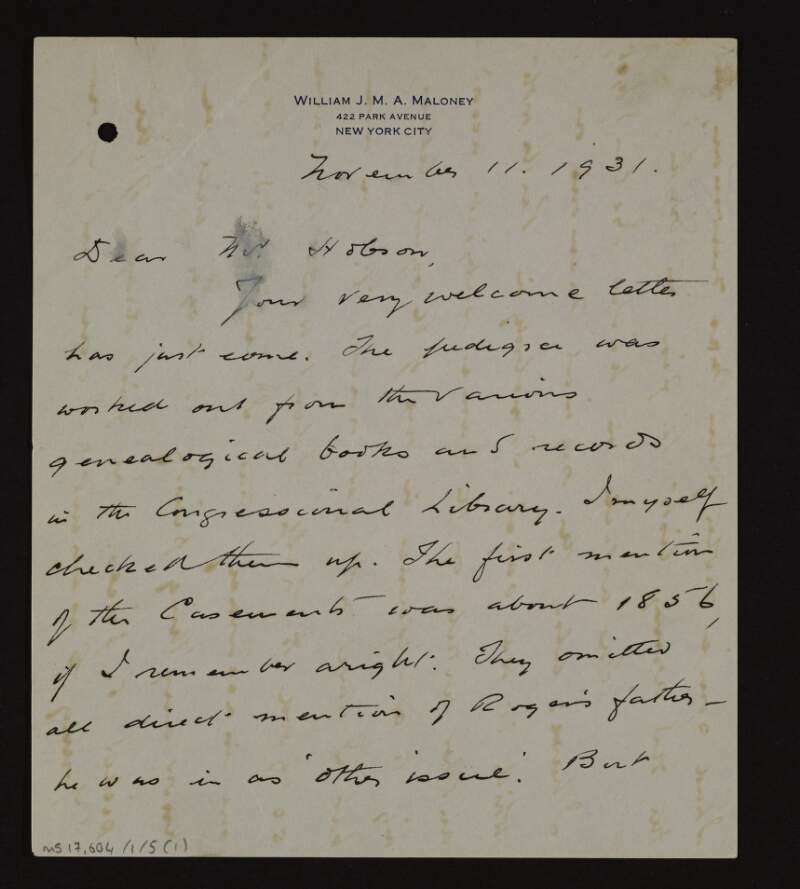 Letter from Dr. William J. Maloney to Bulmer Hobson regarding his genealogical research into Roger Casement's family,