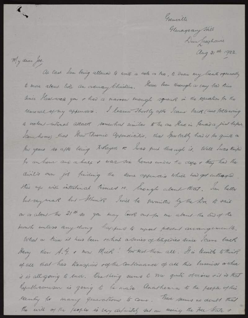 Letter from Joseph Connolly to Joseph McGarrity regarding his surgery to remove his appendix, the effects of the Civil War, negative reports on McGarrity in the Irish press and his departmental work,