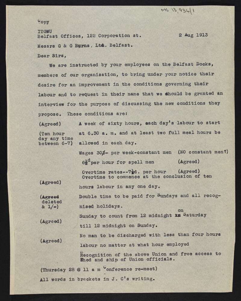 Copy of letter from James Connolly to Messrs. G. and J. Burns, Belfast seeking a meeting to discuss a list of new working conditions proposed by workers on Belfast docks,