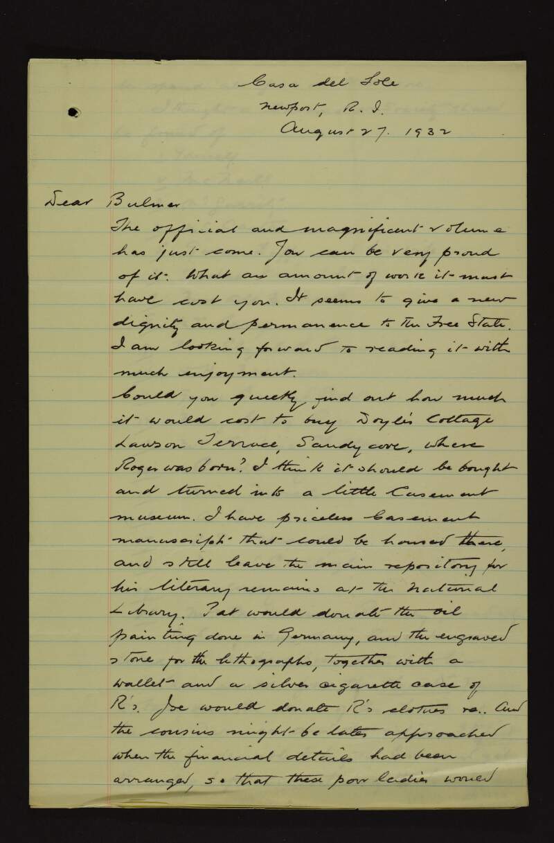 Letter from Dr. William J. Maloney to Bulmer Hobson informing him that his manuscript arrived and how he is looking forward to reading it, outlining a plan to establish a Casement society starting with the purchase of the house in which Roger Casement was born, and regarding his placement of the 'Black Diaries' in an overall story of Roger Casement's life,