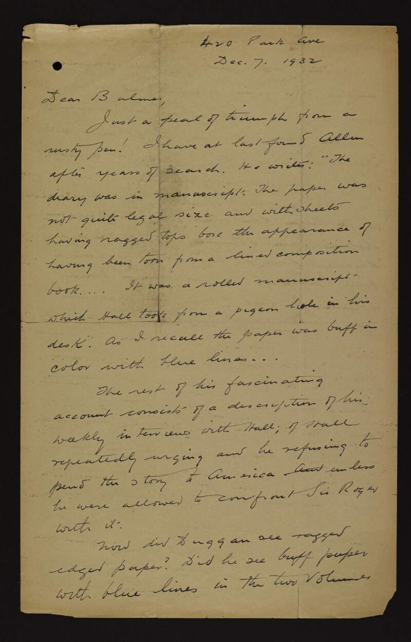 Letter from Dr. William J. Maloney to Bulmer Hobson regarding "Allen's" account of Roger Casement's 'Black Diary', and on tracking down another American correspondent who saw the diary that was found on Casement at his capture,
