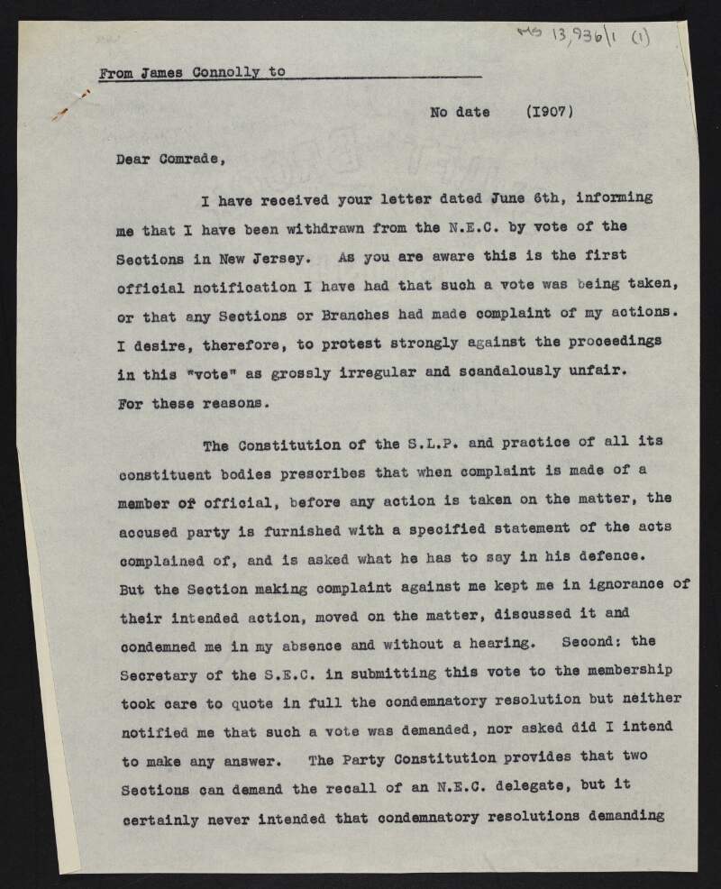 Copy of letter from James Connolly to an unidentified recipient protesting formally against the vote in New Jersey that resulted in Connolly's removal from the N.E.C of the Socialist Labor Party,