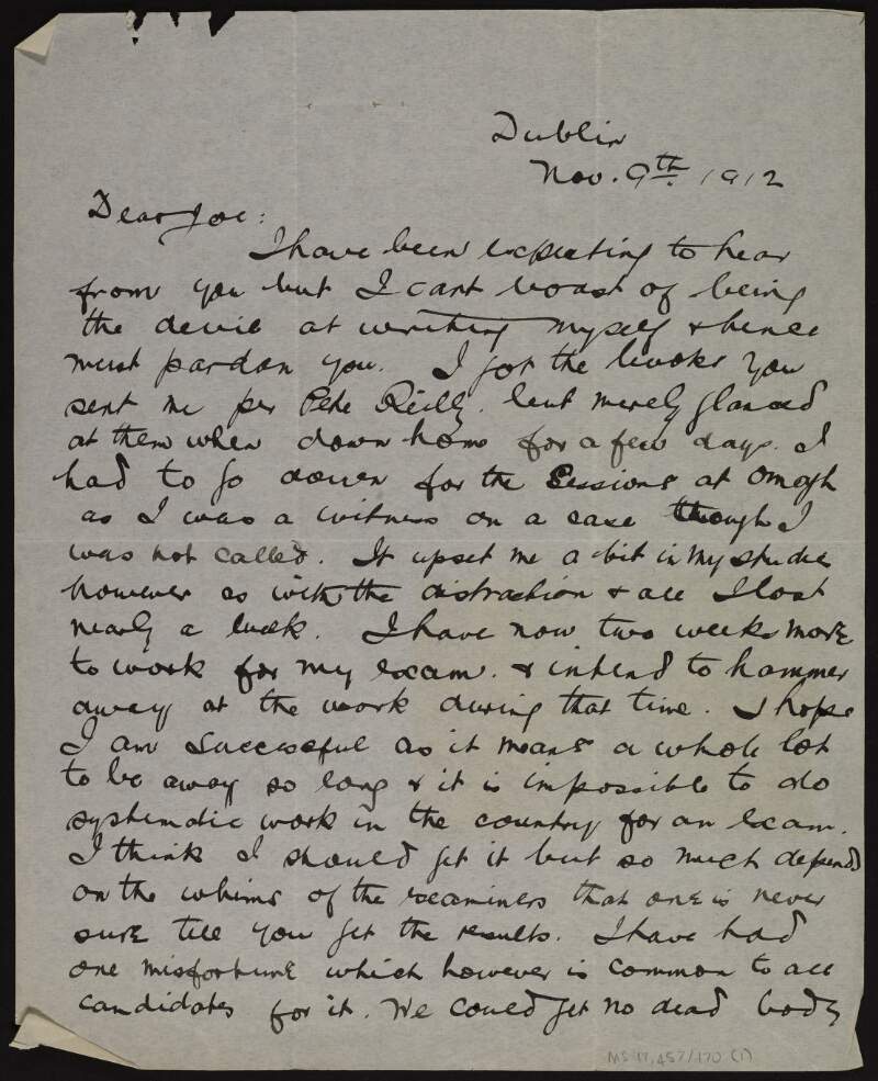 Letter from Patrick McCartan to Joseph McGarrity informing him that he has spent the day talking to Maud Gonne, Countess Markievicz and "a wee Protestant girl" instead of studying for his exam,