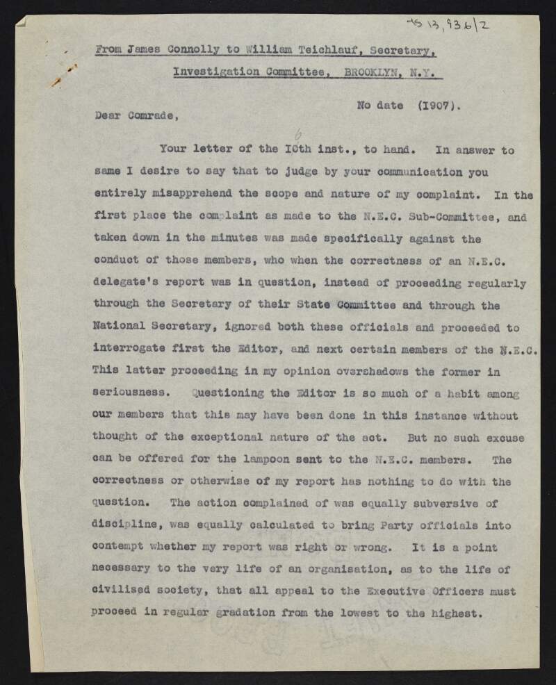 Copy of letter from James Connolly to William Teichlauf, Secretary of the Investigation Committee [of the Socialist Labor Party] clarifying Connolly's complaint that fair disciplinary procedures were not followed by the Party,
