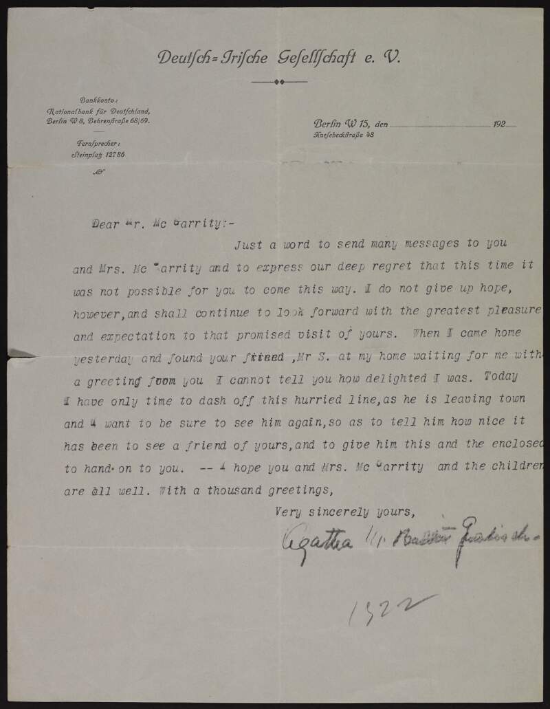 Letter from Agatha Bullitt Grabisch to Joseph McGarrity expressing disappointment that he cannot visit her at the present time and pleasure at meeting his friend, "Mr. S.",