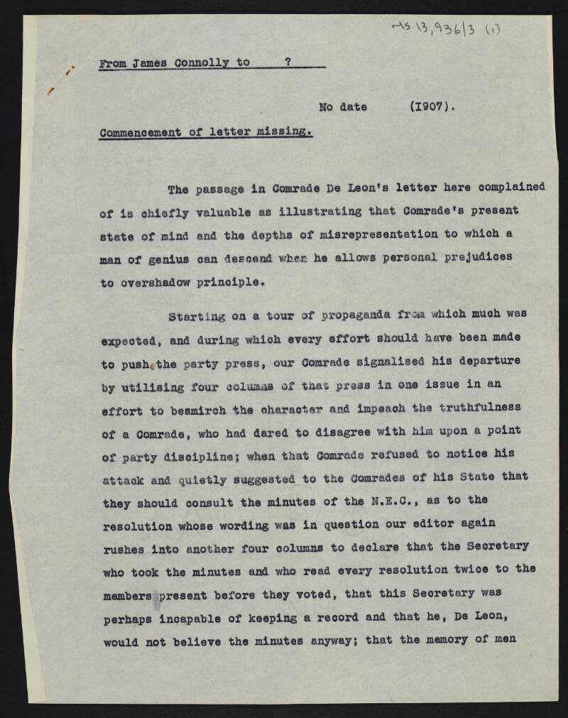 Partial copy of letter from James Connolly to an unidentified recipient giving details of Connolly's dispute with Daniel De Leon and the Socialist Labor Party,
