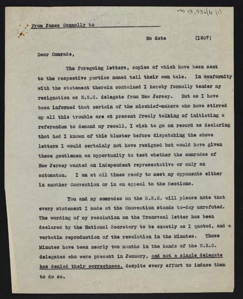 Copy of letter from James Connolly to an unidentified recipient tendering his resignation as N.E.C. delegate from New Jersey and giving details of his dispute with Daniel De Leon,