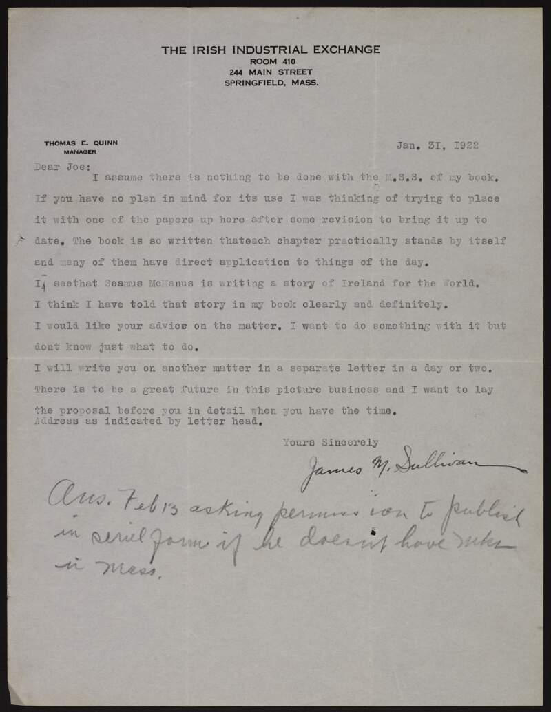 Letter from James M. Sullivan to Joseph McGarrity asking if McGarrity has plans to publish his book on Irish history,