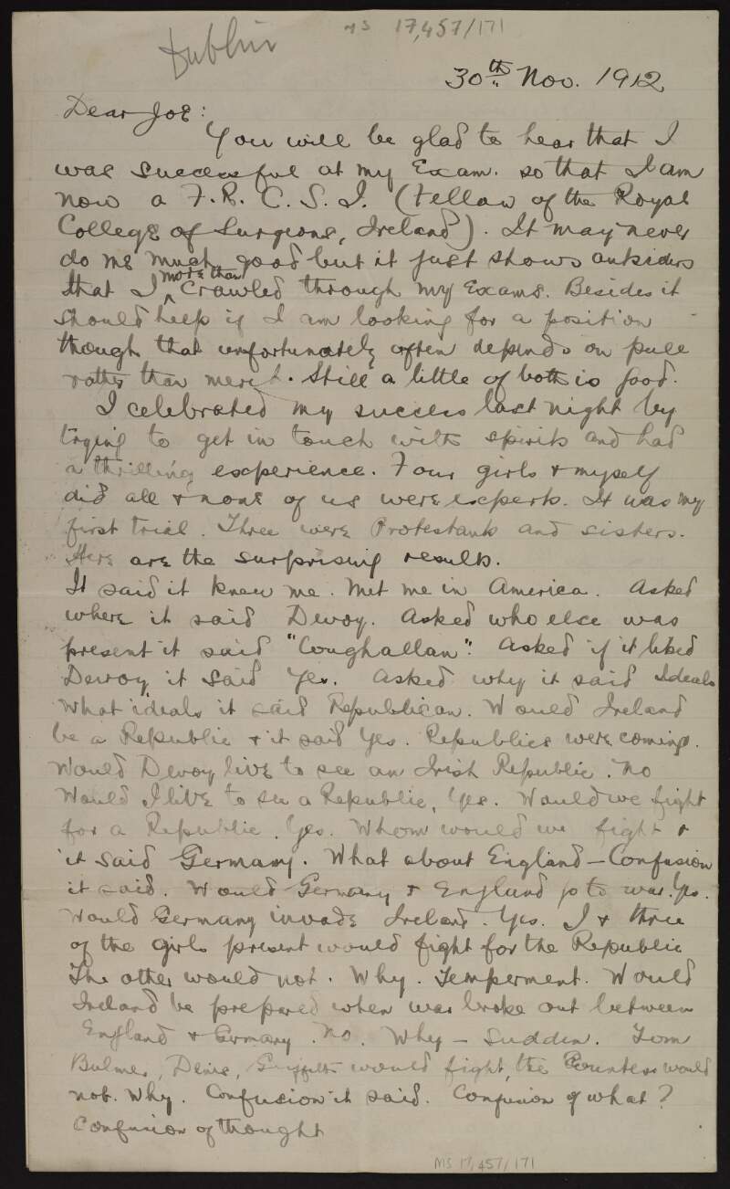 Letter from Patrick McCartan to Joseph McGarrity relating a spiritist séance during which it was predicted that Ireland would become a republic,