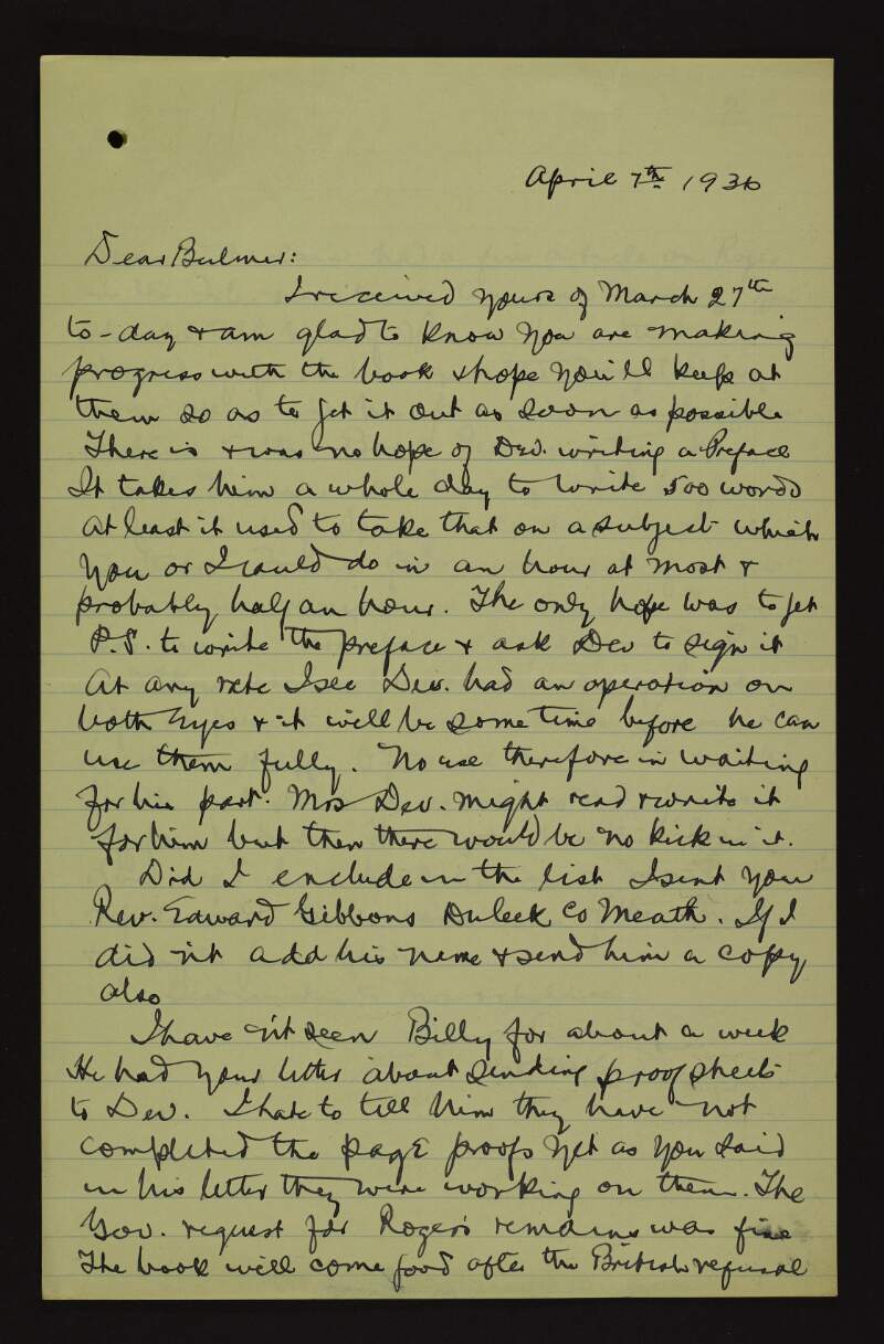 Letter from Patrick McCartan to Bulmer Hobson regarding the unlikelihood of Éamon de Valera  writing a preface for the book [The Forged Casement Diaries] and the possibility of getting "P. S." [O'Hegarty?] to write the preface, with a discussion of an article on roger Casement in the 'American Memory',