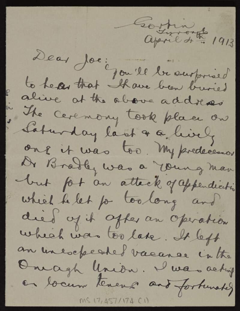 Letter from Patrick McCartan to Joseph McGarrity imparting the news that he has a position as a medical doctor in Gortin district dispensary, Co. Tyrone,