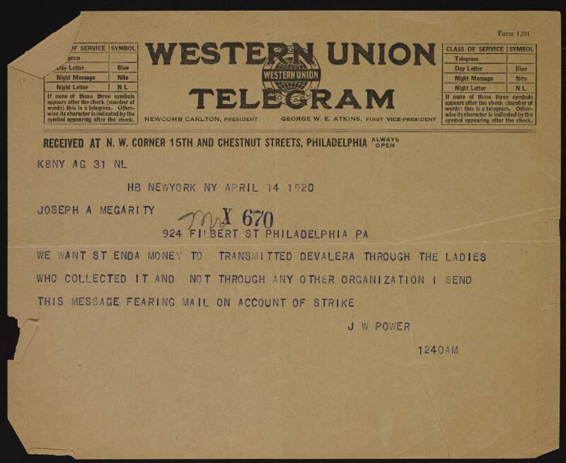 Telegram from J. W. Power to Joseph McGarrity regarding funds for St. Enda's School,