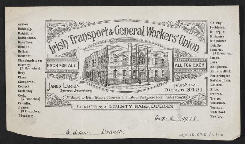Fragment of a letter inscribed on Irish Transport and General Worker's Union headed paper,
