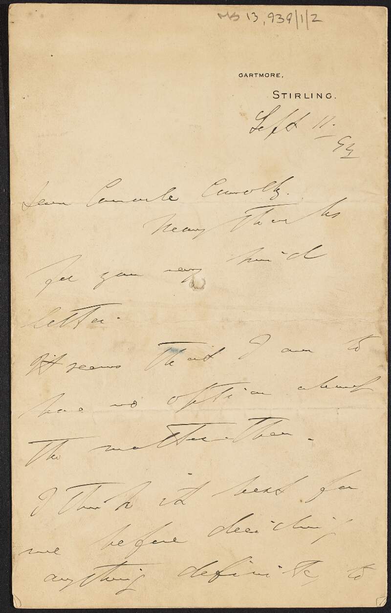 Letter to James Connolly from Robert Bontine Cunninghame Graham to James Connolly thanking him for his letter and writing that they should meet,