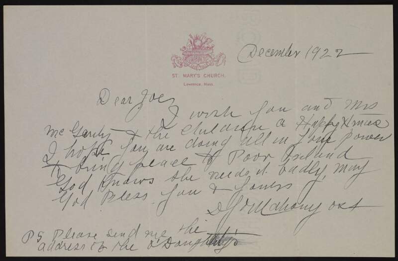 Letter from D.J. O'Mahony to Joseph McGarrity wishing him a happy Christmas and hoping that he is doing all in his power to bring peace to Ireland,