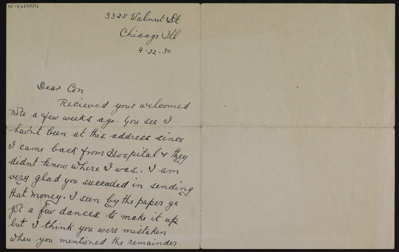 Letter from Mick Hynes to Cornelius F. Neenan, thanking him for the money he received, discussing the poor state of [Clan-na-Gael] Club affairs, and congratulating him on news of his wedding,