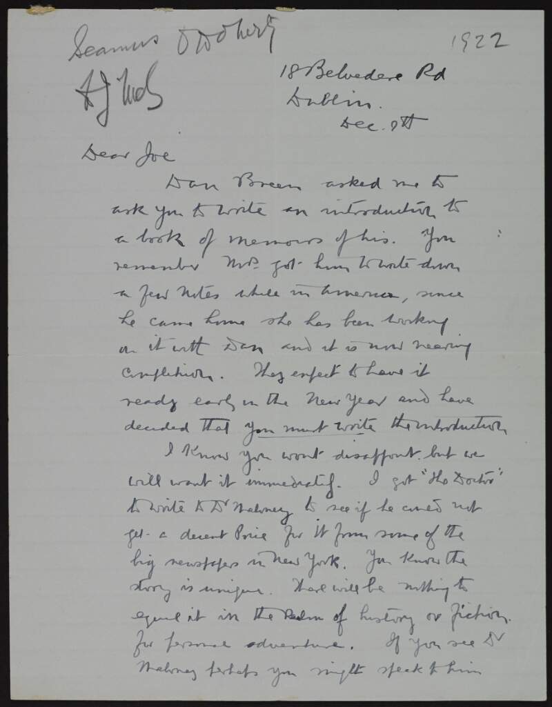Letter from Séamus O'Doherty to Joseph McGarrity asking him to write an introduction to the memoirs of Dan Breen and to assist in getting it published as Breen needs the money,